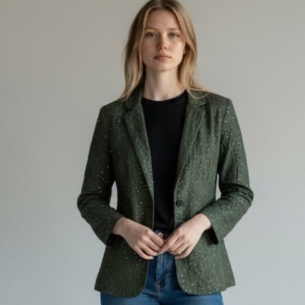 Eileen Fisher Sz PL Green Silk Jacket Sequin Embroidered Artsy